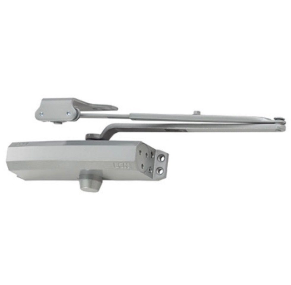 Silver hydraulic door closer with arm